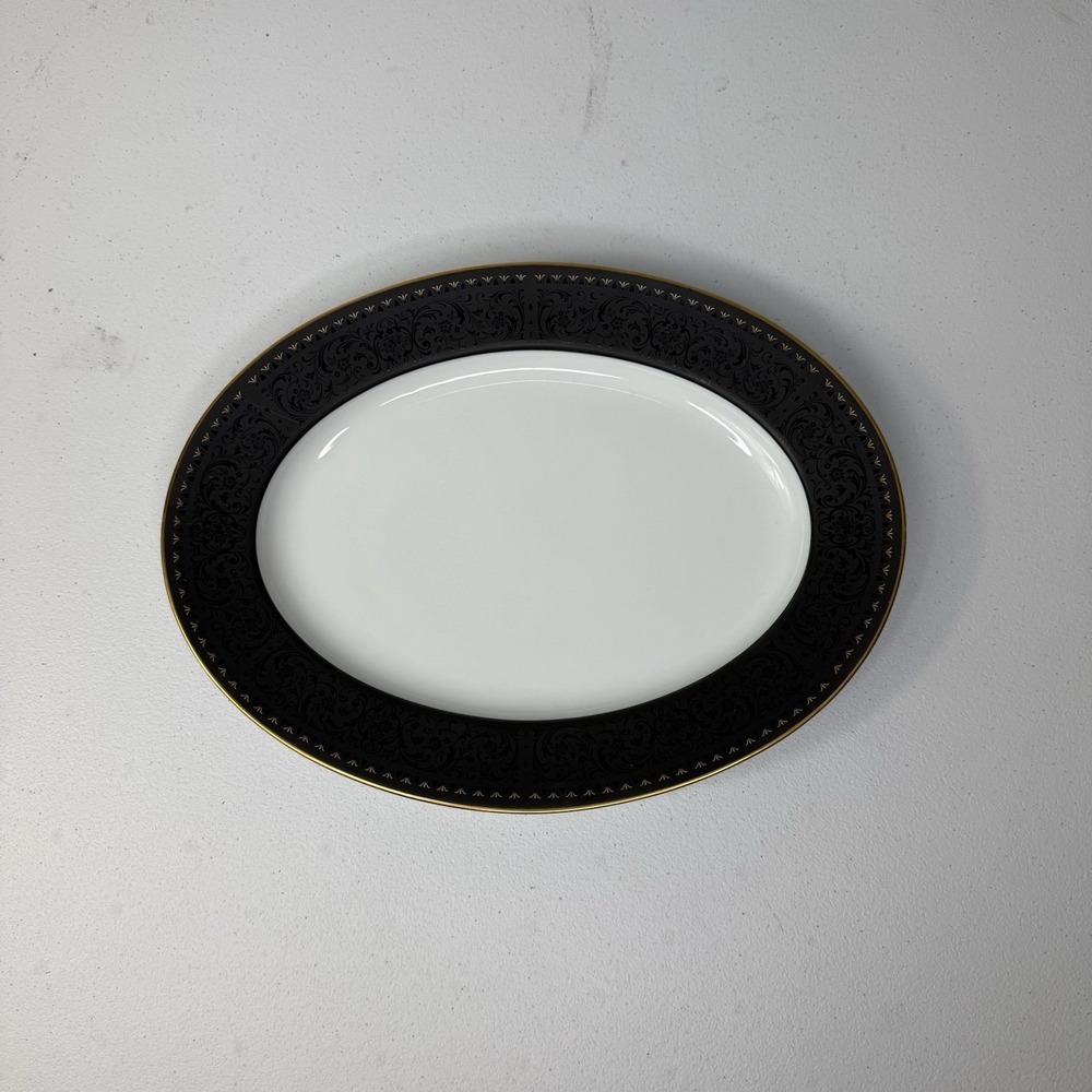 Noritake Benedicta 11.5" Platter Black Etched Floral Trim Platinum VTG Disc